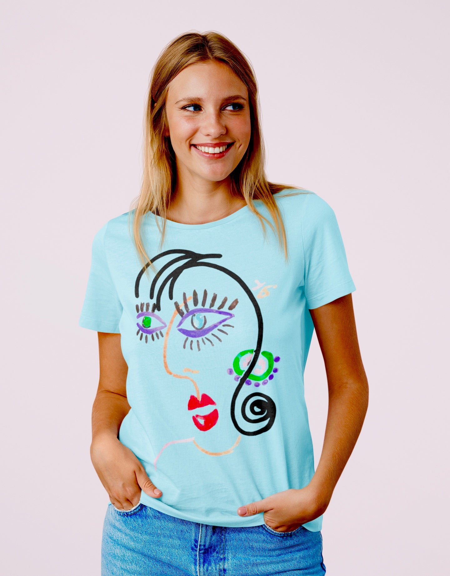 T-SHIRTS FEMMES ABSTRACT FACE BLEU CIEL
