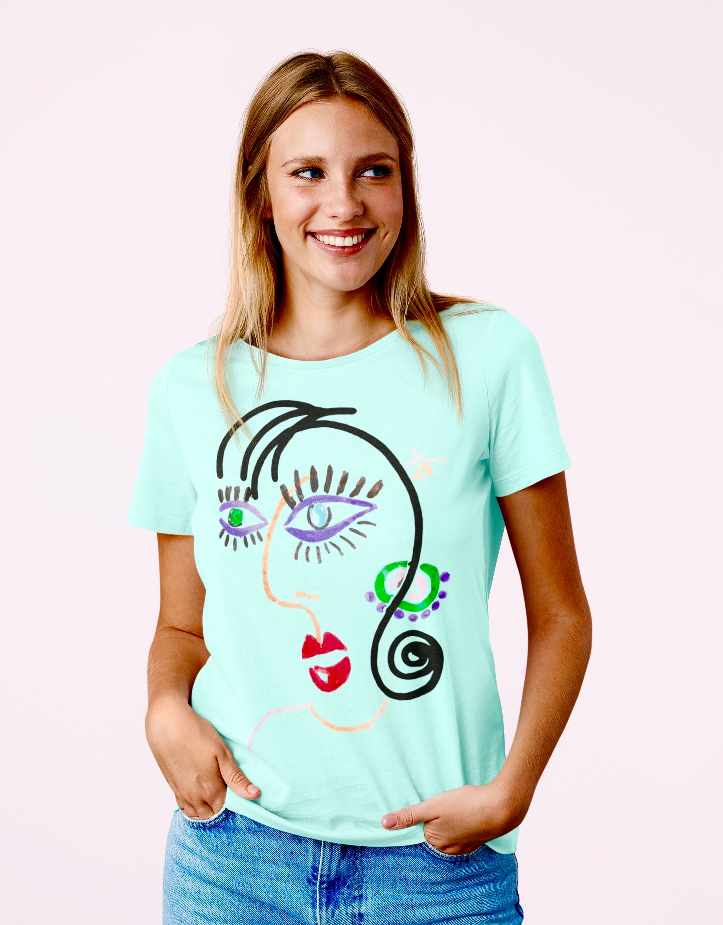 T-SHIRTS FEMMES ABSTRACT FACE VERT CLAIR