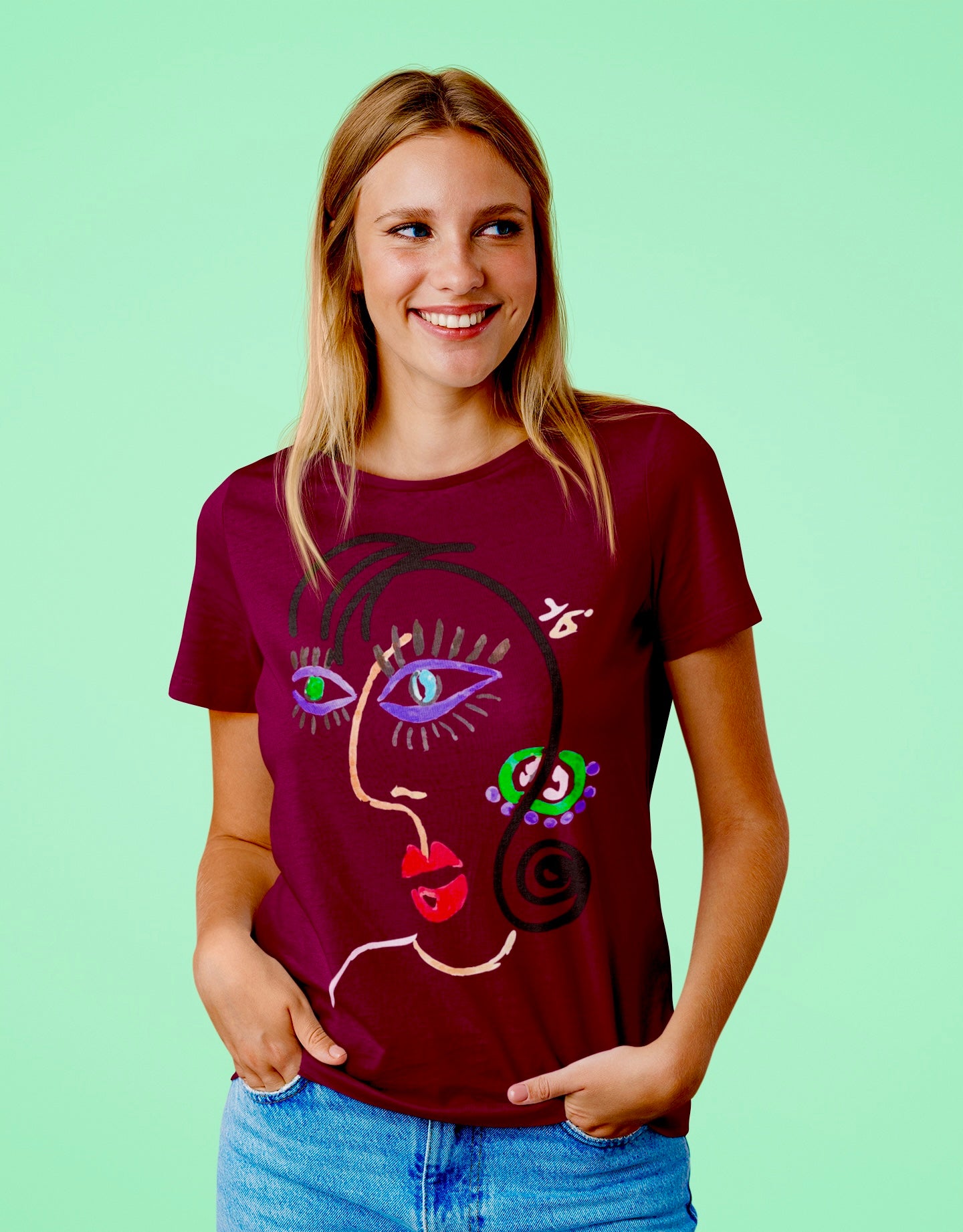T-SHIRTS FEMMES ABSTRACT FACE BORDEAU