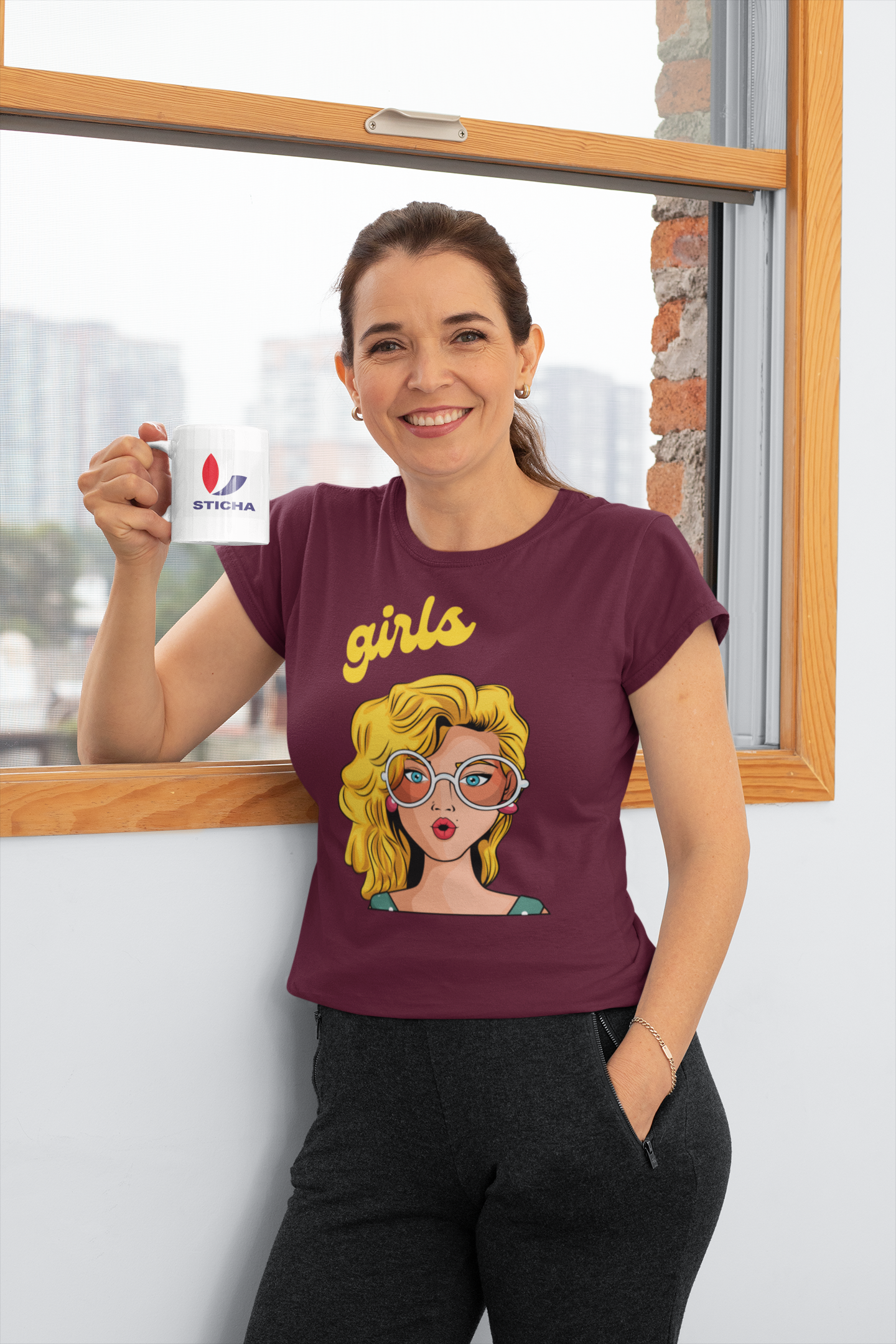 T-SHIRTS FEMMES GIRL SUNGLASSES BURGUNDI